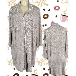 Jones New York XL Beige-Brown Print Button Down Front Collar 3/4 Sleep Shirt